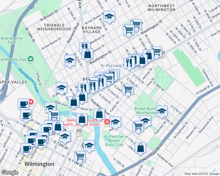 map of restaurants, bars, coffee shops, grocery stores, and more near 2230 North Market Street in Wilmington