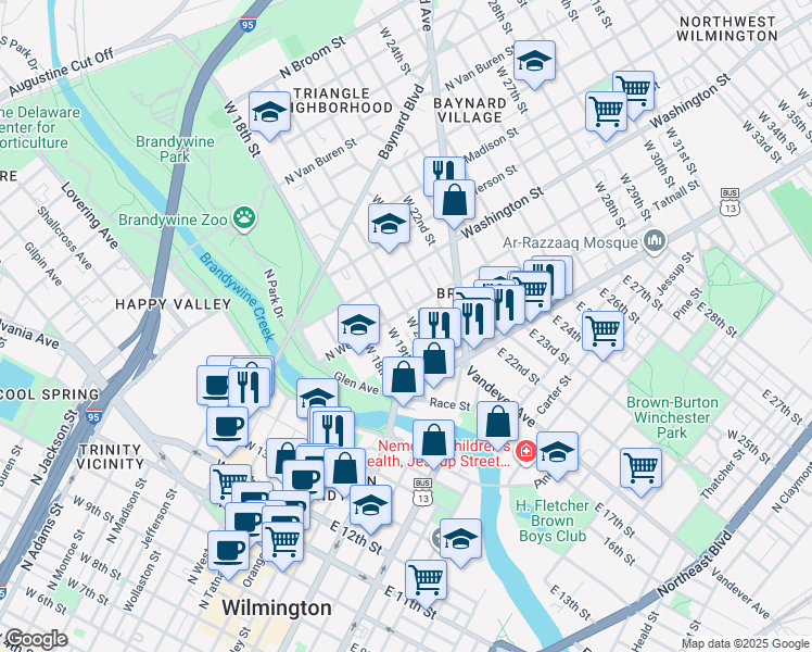 map of restaurants, bars, coffee shops, grocery stores, and more near 114 West 20th Street in Wilmington