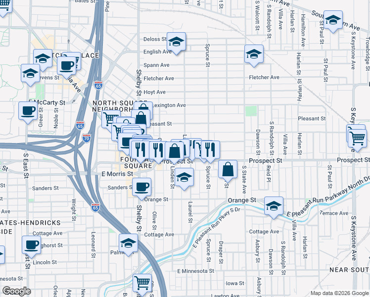 map of restaurants, bars, coffee shops, grocery stores, and more near 1022 Laurel Street in Indianapolis