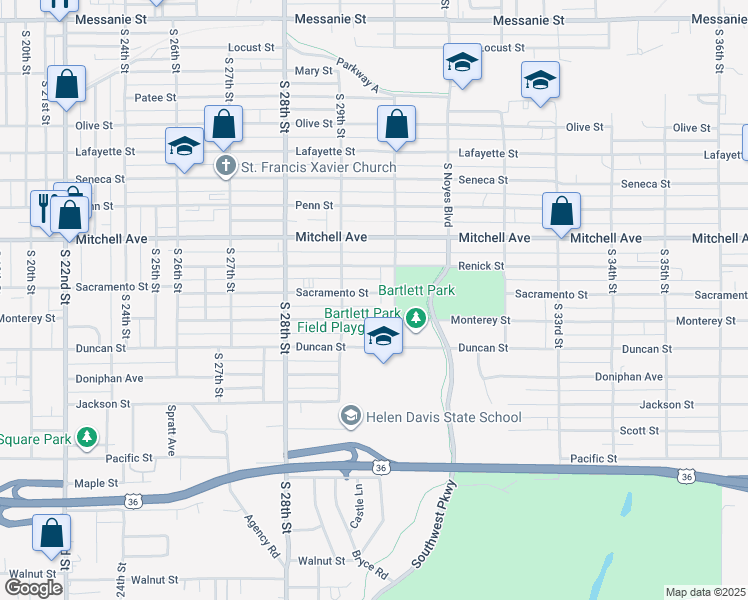 map of restaurants, bars, coffee shops, grocery stores, and more near 2926 Sacramento Street in Saint Joseph