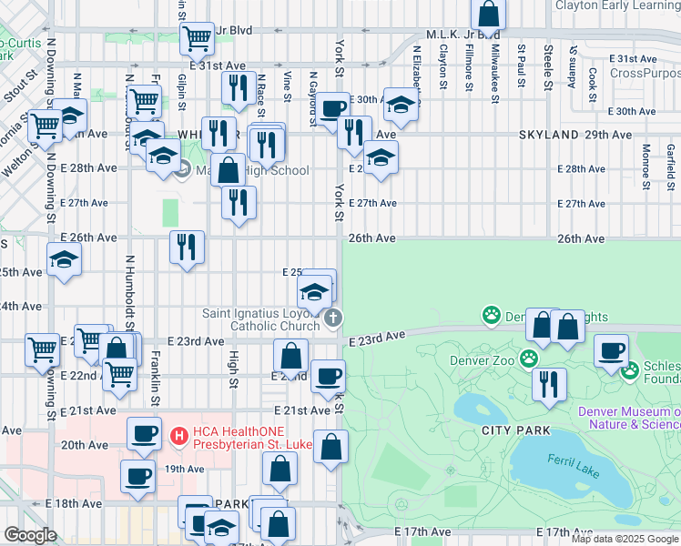 map of restaurants, bars, coffee shops, grocery stores, and more near 2498 York Street in Denver