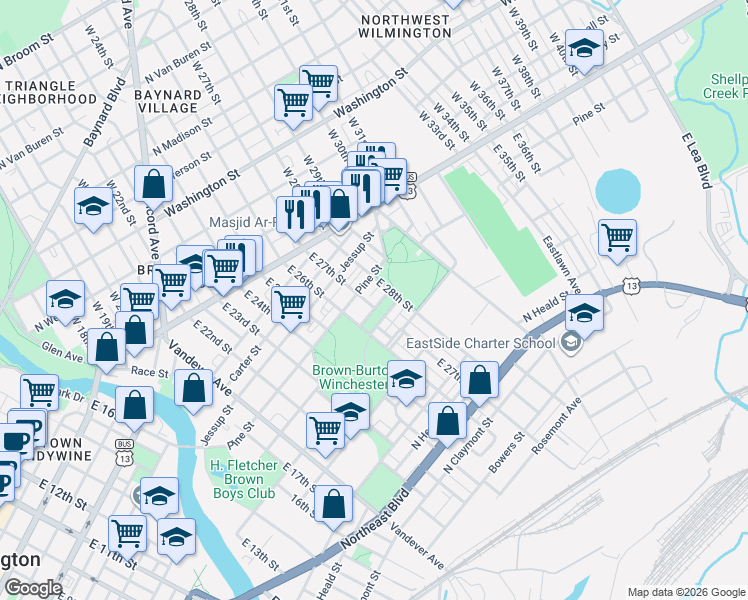 map of restaurants, bars, coffee shops, grocery stores, and more near 2614 Pine Street in Wilmington