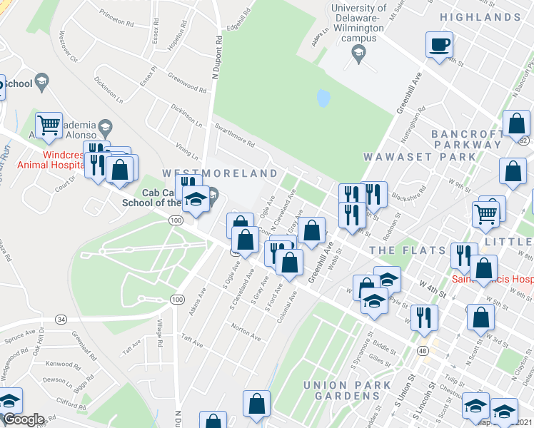 map of restaurants, bars, coffee shops, grocery stores, and more near 3007 West 3rd Street in Wilmington
