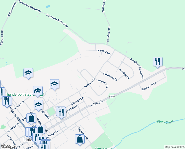 map of restaurants, bars, coffee shops, grocery stores, and more near 103 Wheaton Drive in Littlestown