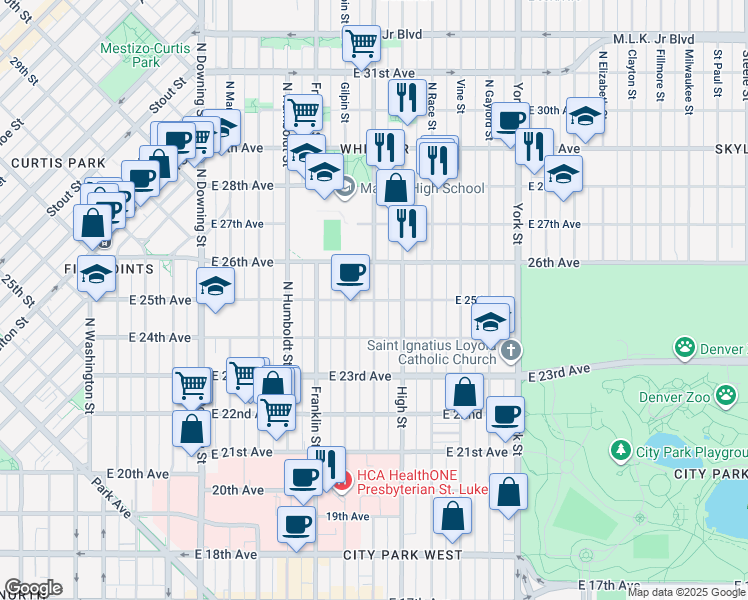 map of restaurants, bars, coffee shops, grocery stores, and more near North Williams Street in Denver