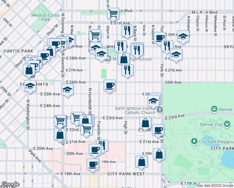 map of restaurants, bars, coffee shops, grocery stores, and more near North Williams Street in Denver