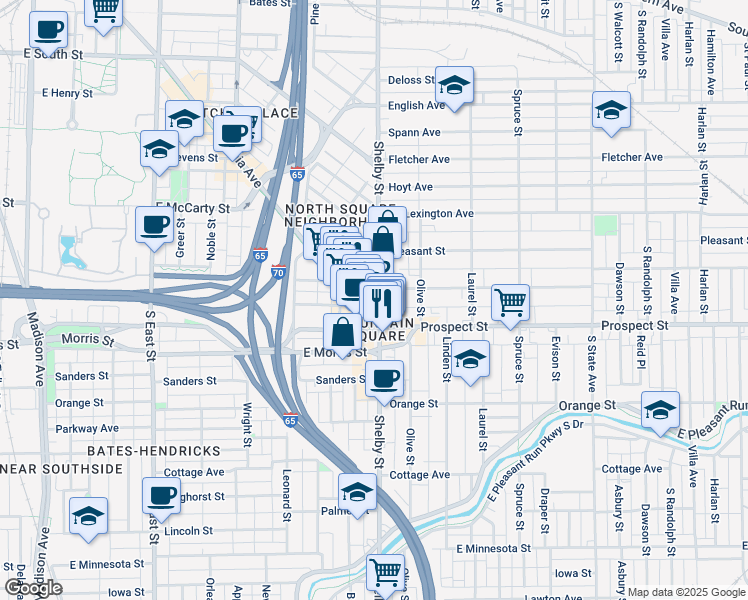 map of restaurants, bars, coffee shops, grocery stores, and more near in Indianapolis