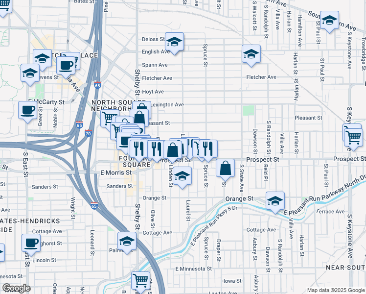 map of restaurants, bars, coffee shops, grocery stores, and more near 1022 Laurel Street in Indianapolis