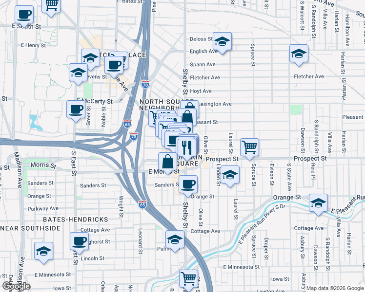 map of restaurants, bars, coffee shops, grocery stores, and more near in Indianapolis