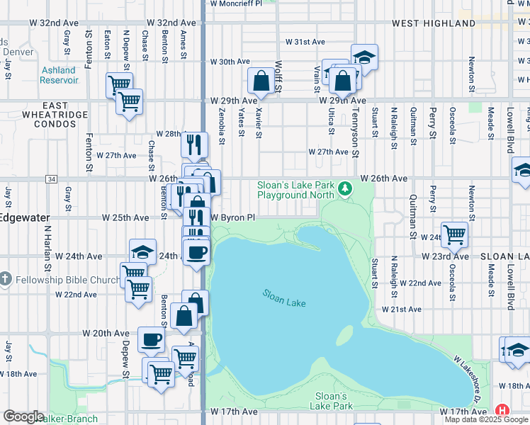 map of restaurants, bars, coffee shops, grocery stores, and more near 4839 West Byron Place in Denver
