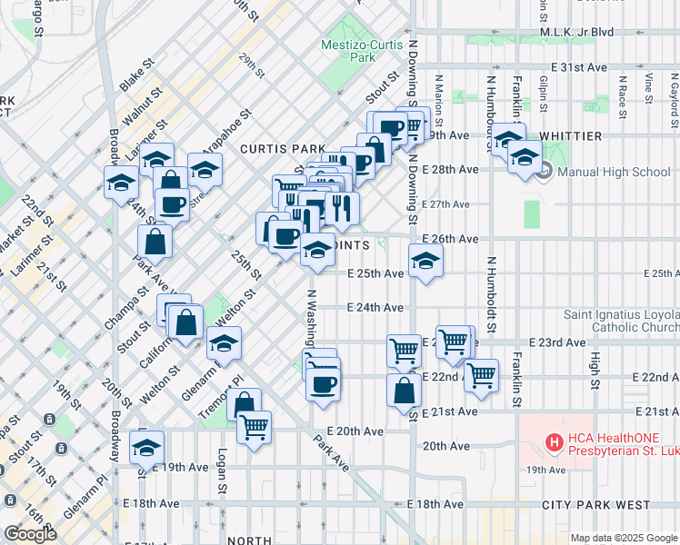 map of restaurants, bars, coffee shops, grocery stores, and more near 812 East 25th Avenue in Denver