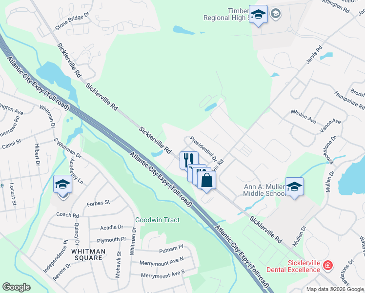 map of restaurants, bars, coffee shops, grocery stores, and more near 132 Presidential Drive in Sicklerville