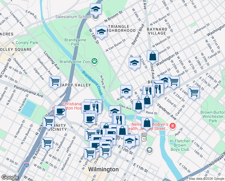 map of restaurants, bars, coffee shops, grocery stores, and more near 225 West 16th Street in Wilmington