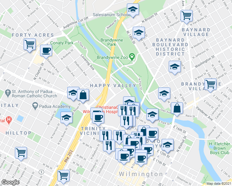 map of restaurants, bars, coffee shops, grocery stores, and more near 903 Lovering Avenue in Wilmington