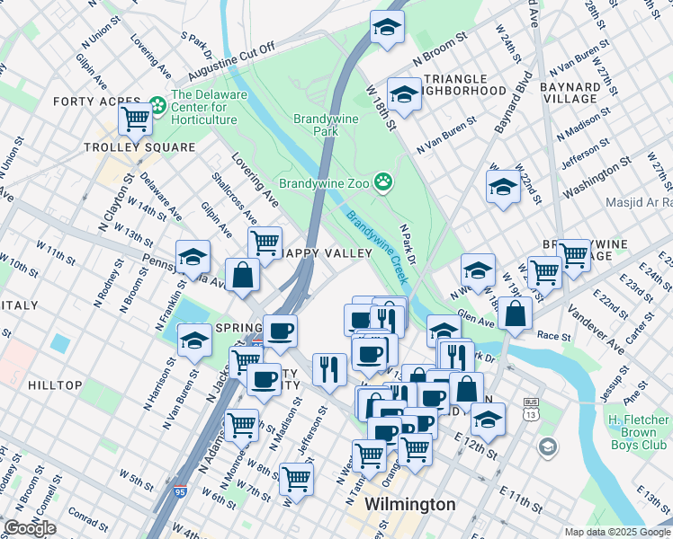 map of restaurants, bars, coffee shops, grocery stores, and more near 903 Lovering Avenue in Wilmington