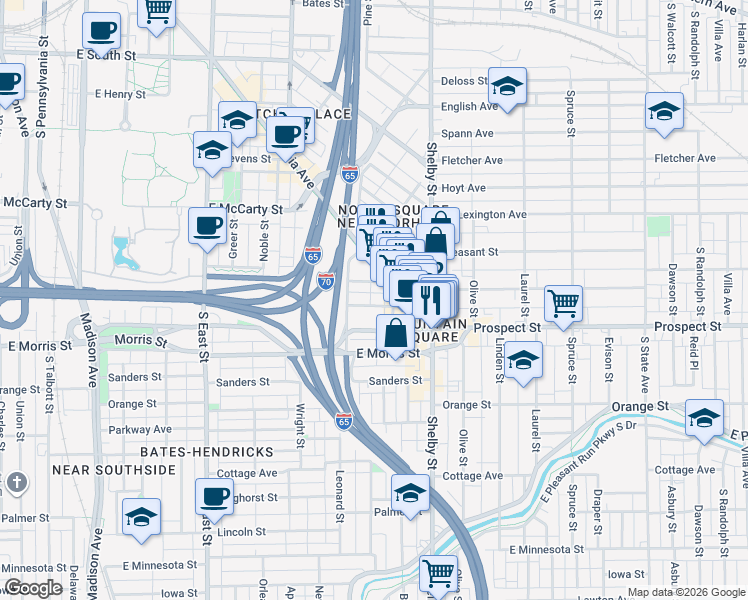 map of restaurants, bars, coffee shops, grocery stores, and more near 944 Woodlawn Avenue in Indianapolis