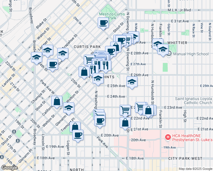 map of restaurants, bars, coffee shops, grocery stores, and more near 808 East 25th Avenue in Denver