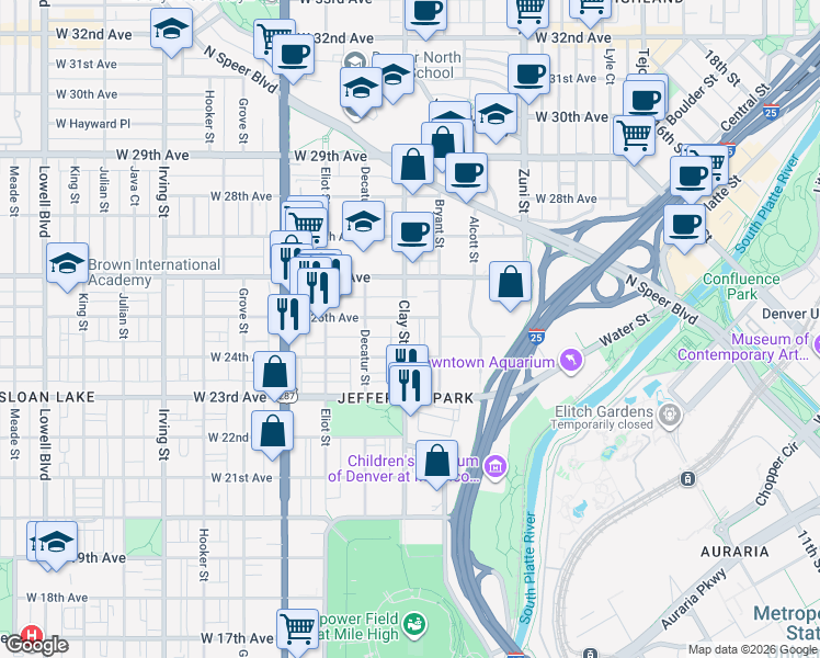 map of restaurants, bars, coffee shops, grocery stores, and more near in Denver