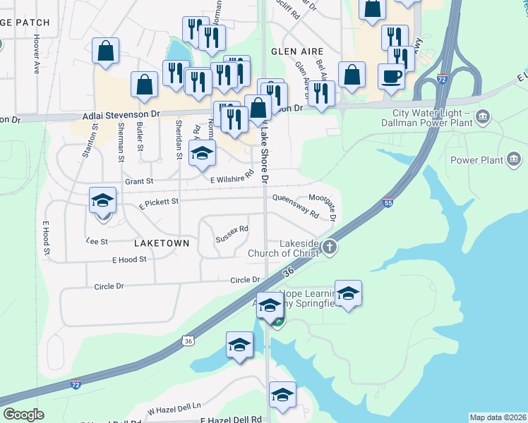 map of restaurants, bars, coffee shops, grocery stores, and more near 2600 Huntington Road in Springfield