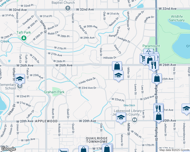 map of restaurants, bars, coffee shops, grocery stores, and more near 10875 Linda Vista Drive in Lakewood