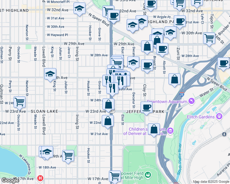 map of restaurants, bars, coffee shops, grocery stores, and more near 2425 Eliot Street in Denver