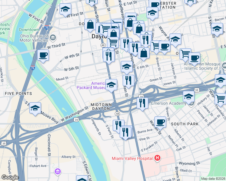 map of restaurants, bars, coffee shops, grocery stores, and more near 92 Franklin Street in Dayton