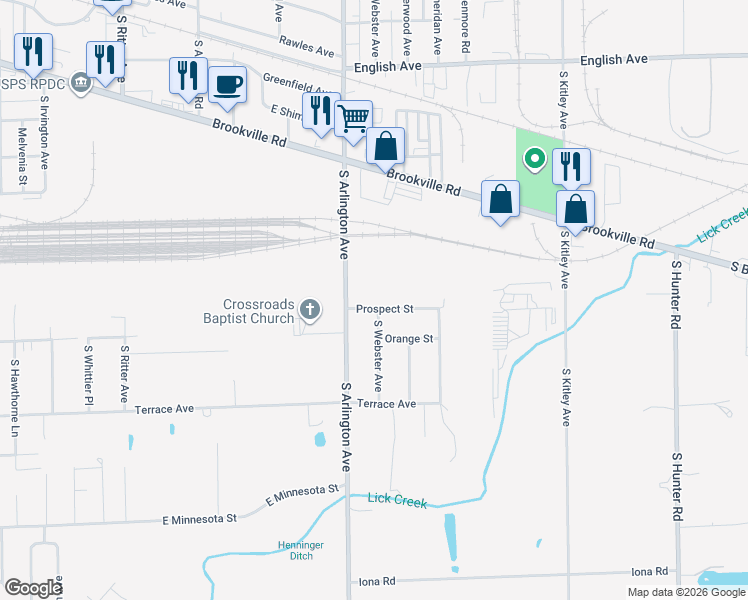 map of restaurants, bars, coffee shops, grocery stores, and more near 6030 Prospect Street in Indianapolis
