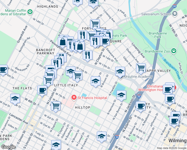map of restaurants, bars, coffee shops, grocery stores, and more near 1020 North Clayton Street in Wilmington