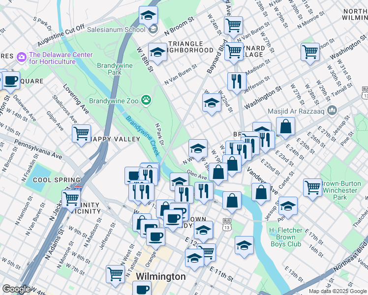 map of restaurants, bars, coffee shops, grocery stores, and more near 1700 Washington Street in Wilmington