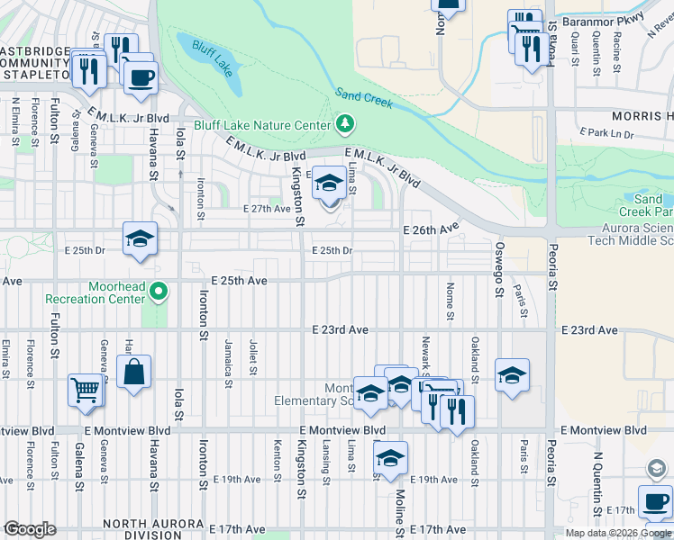 map of restaurants, bars, coffee shops, grocery stores, and more near 11215 East 25th Avenue in Aurora