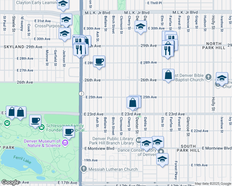 map of restaurants, bars, coffee shops, grocery stores, and more near 2505 Clermont Street in Denver