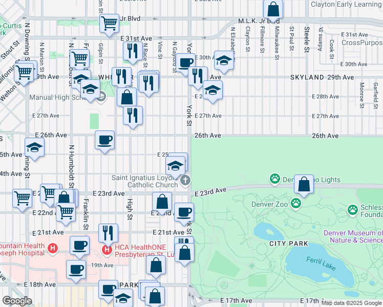 map of restaurants, bars, coffee shops, grocery stores, and more near 2459 York Street in Denver