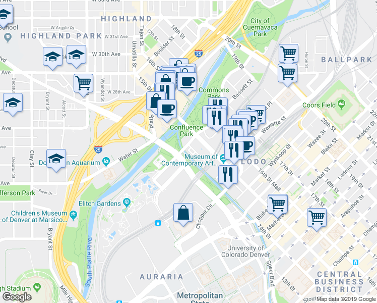 map of restaurants, bars, coffee shops, grocery stores, and more near 1400 Little Raven Street in Denver