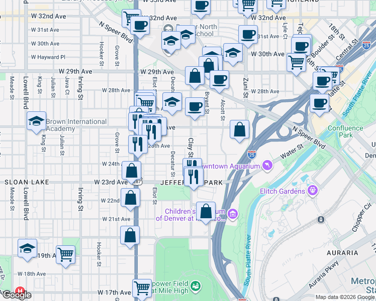 map of restaurants, bars, coffee shops, grocery stores, and more near in Denver