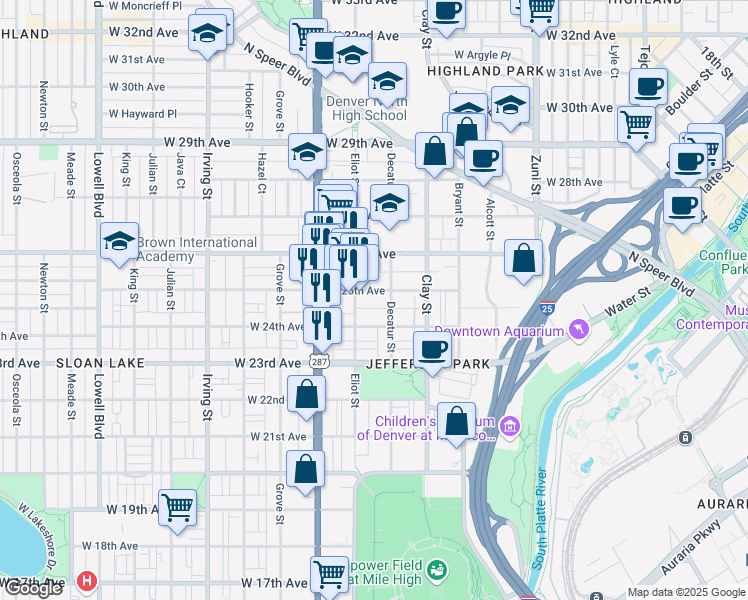 map of restaurants, bars, coffee shops, grocery stores, and more near 2810 West 25th Avenue in Denver