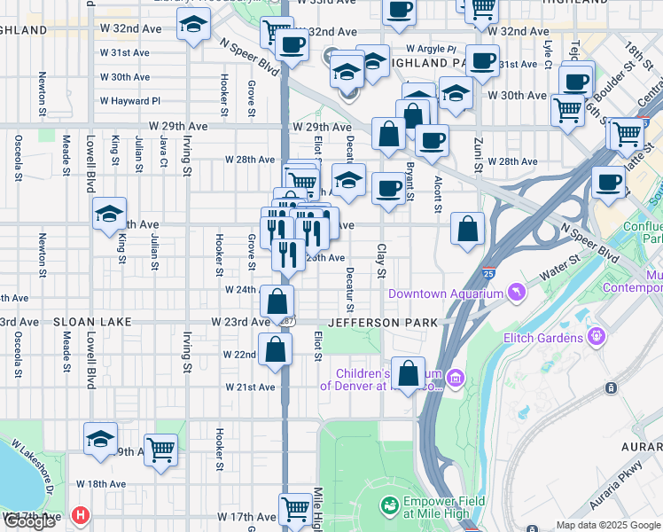 map of restaurants, bars, coffee shops, grocery stores, and more near 2810 West 25th Avenue in Denver