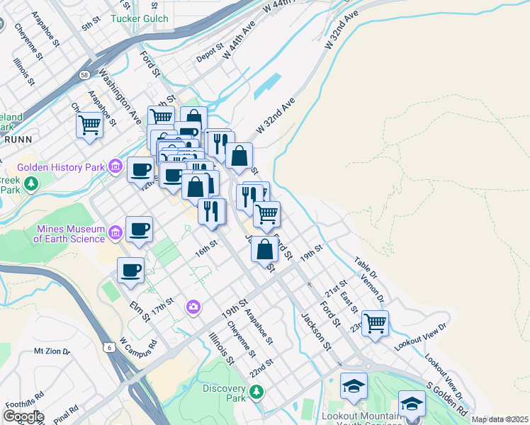 map of restaurants, bars, coffee shops, grocery stores, and more near 601 16th Street in Golden