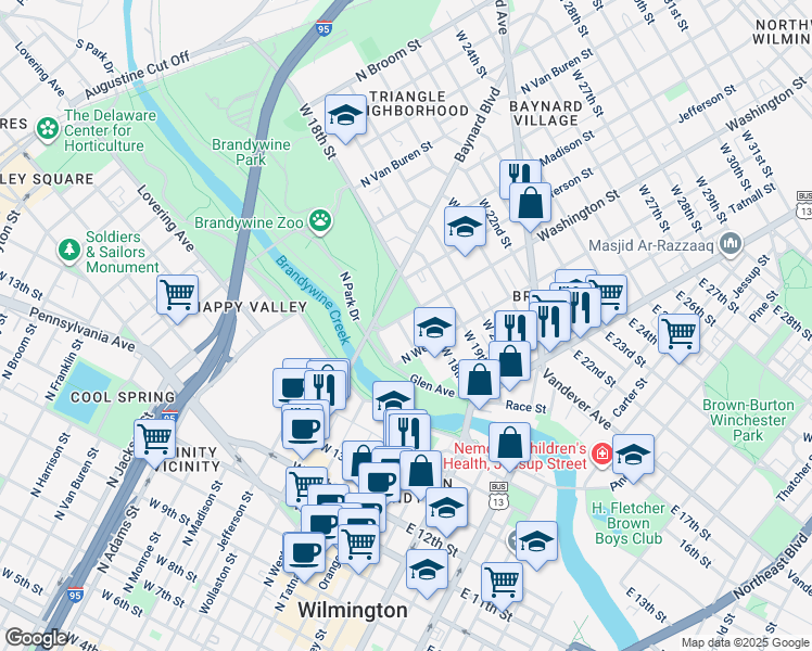 map of restaurants, bars, coffee shops, grocery stores, and more near 219 West 17th Street in Wilmington