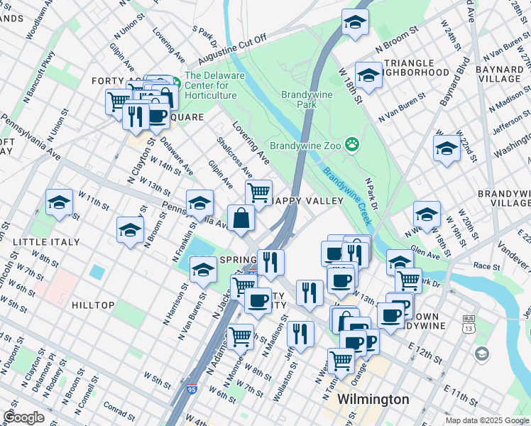 map of restaurants, bars, coffee shops, grocery stores, and more near 1402 North Van Buren Street in Wilmington