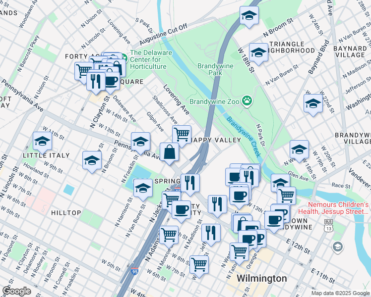 map of restaurants, bars, coffee shops, grocery stores, and more near 1402 North Van Buren Street in Wilmington