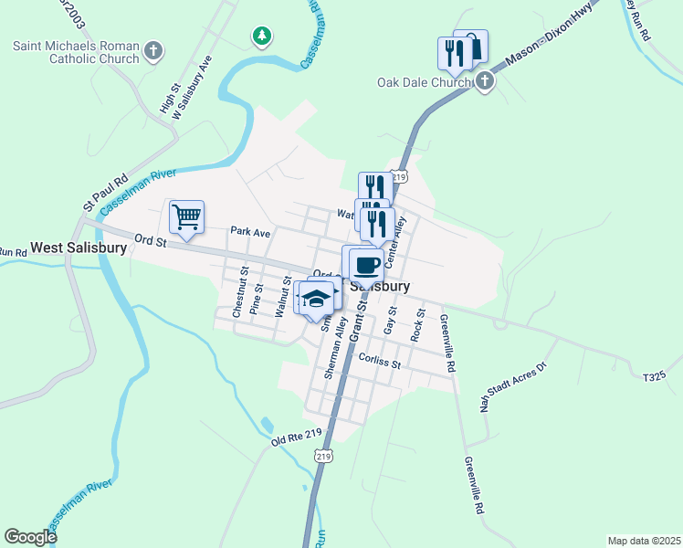 map of restaurants, bars, coffee shops, grocery stores, and more near 211 Ord Street in Salisbury