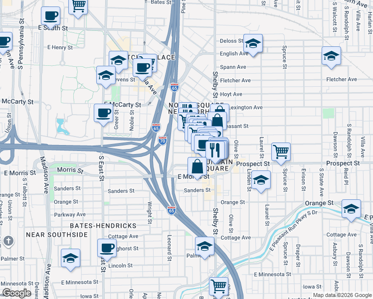 map of restaurants, bars, coffee shops, grocery stores, and more near 944 Woodlawn Avenue in Indianapolis