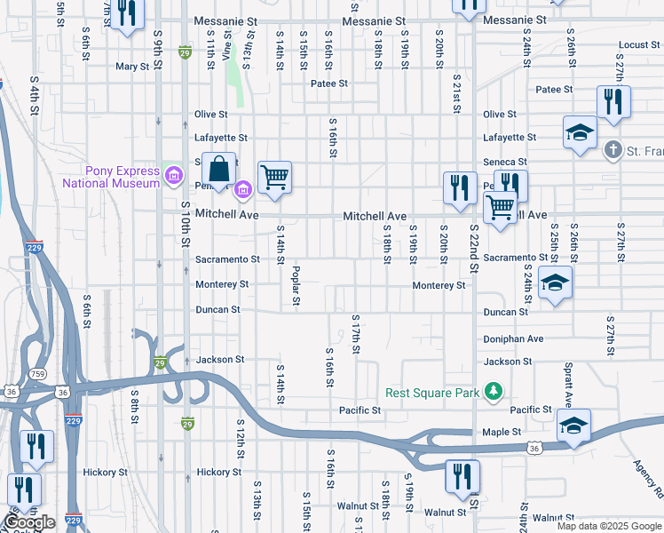 map of restaurants, bars, coffee shops, grocery stores, and more near 1508 South 17th Street in Saint Joseph
