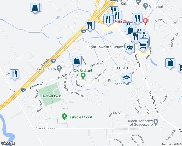 map of restaurants, bars, coffee shops, grocery stores, and more near Birchwood Place in Logan Township