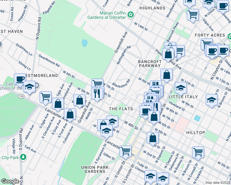 map of restaurants, bars, coffee shops, grocery stores, and more near 2404 West 7th Street in Wilmington