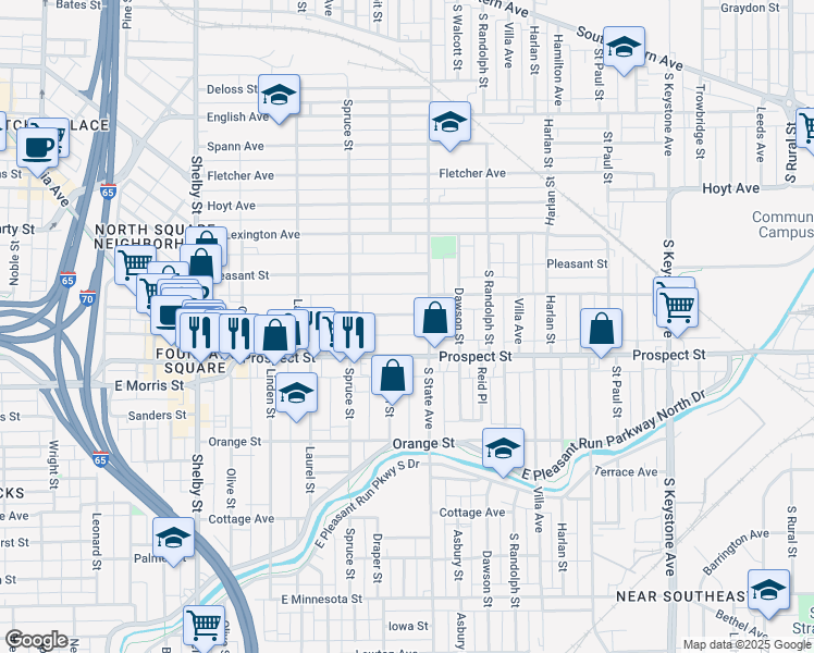 map of restaurants, bars, coffee shops, grocery stores, and more near 1619 Woodlawn Avenue in Indianapolis