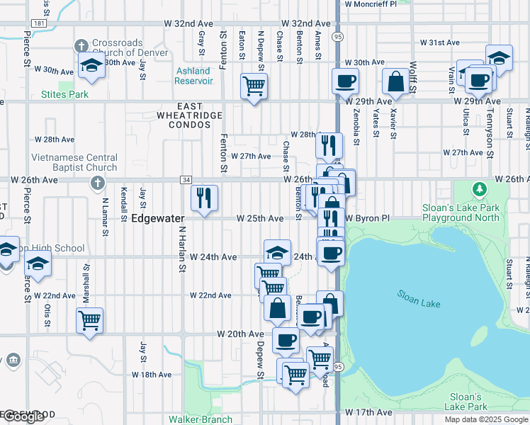 map of restaurants, bars, coffee shops, grocery stores, and more near 2508 Depew Street in Edgewater