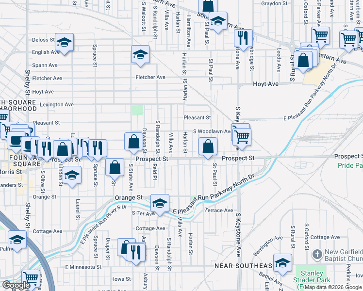 map of restaurants, bars, coffee shops, grocery stores, and more near 1053 Harlan Street in Indianapolis
