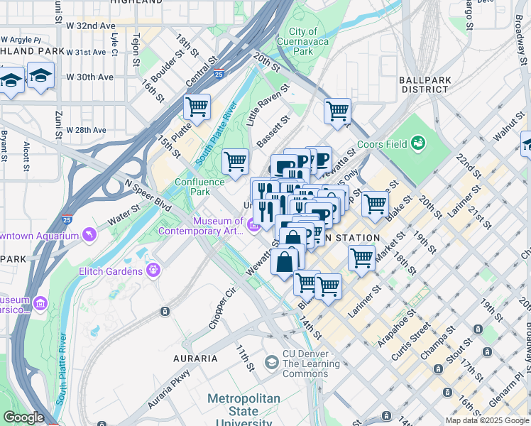 map of restaurants, bars, coffee shops, grocery stores, and more near 1900 16th Street Mall in Denver