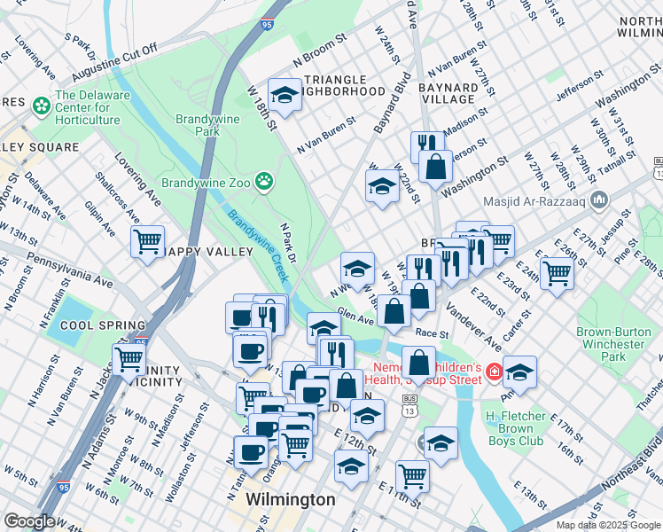 map of restaurants, bars, coffee shops, grocery stores, and more near 1700 Washington Street in Wilmington